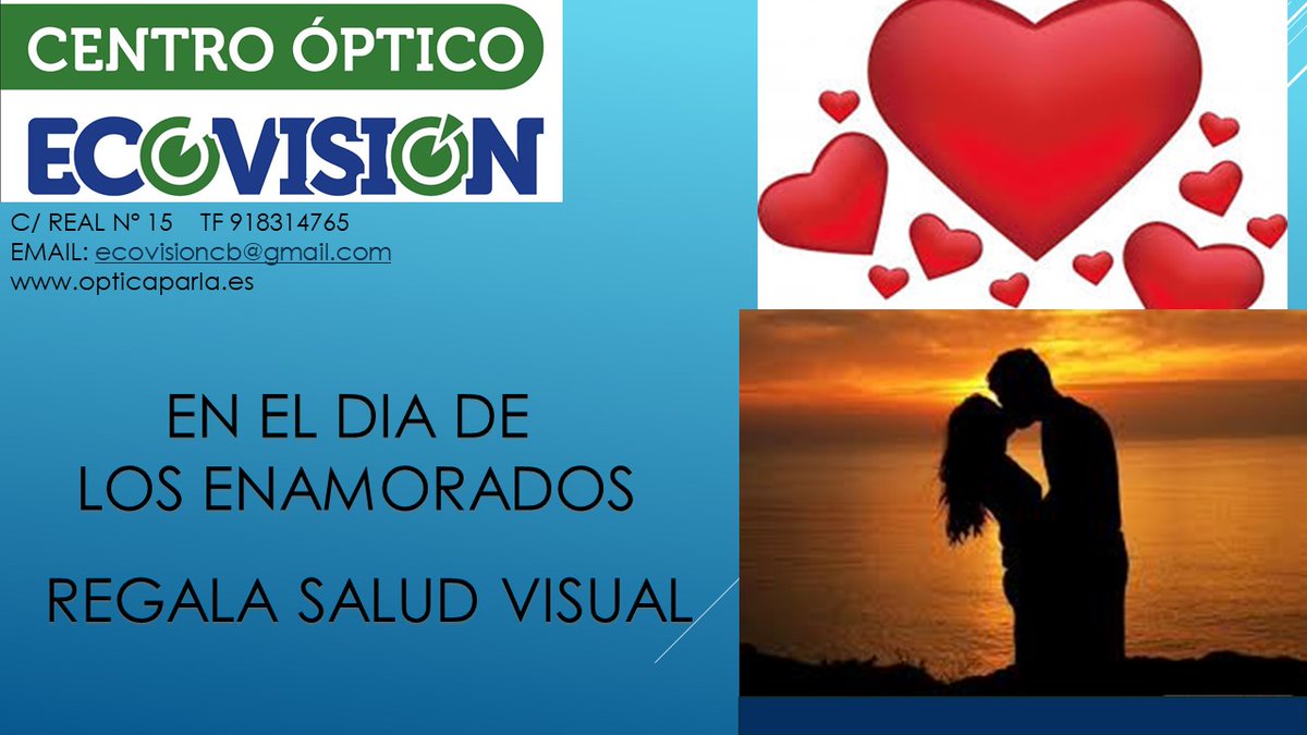 c_ecovision's tweet photo. El día de los enamorados regala saludo visual.
@centroopticoecovision@opticaparla.es@opticaenparla@diadelosenamorados@regalasaludvisual.
C/Real nº15 28981 Parla (madrid)
918314765 what: 637567781 email: ecovisioncb@gmail.com https://t.co/FUMeYkWUnR