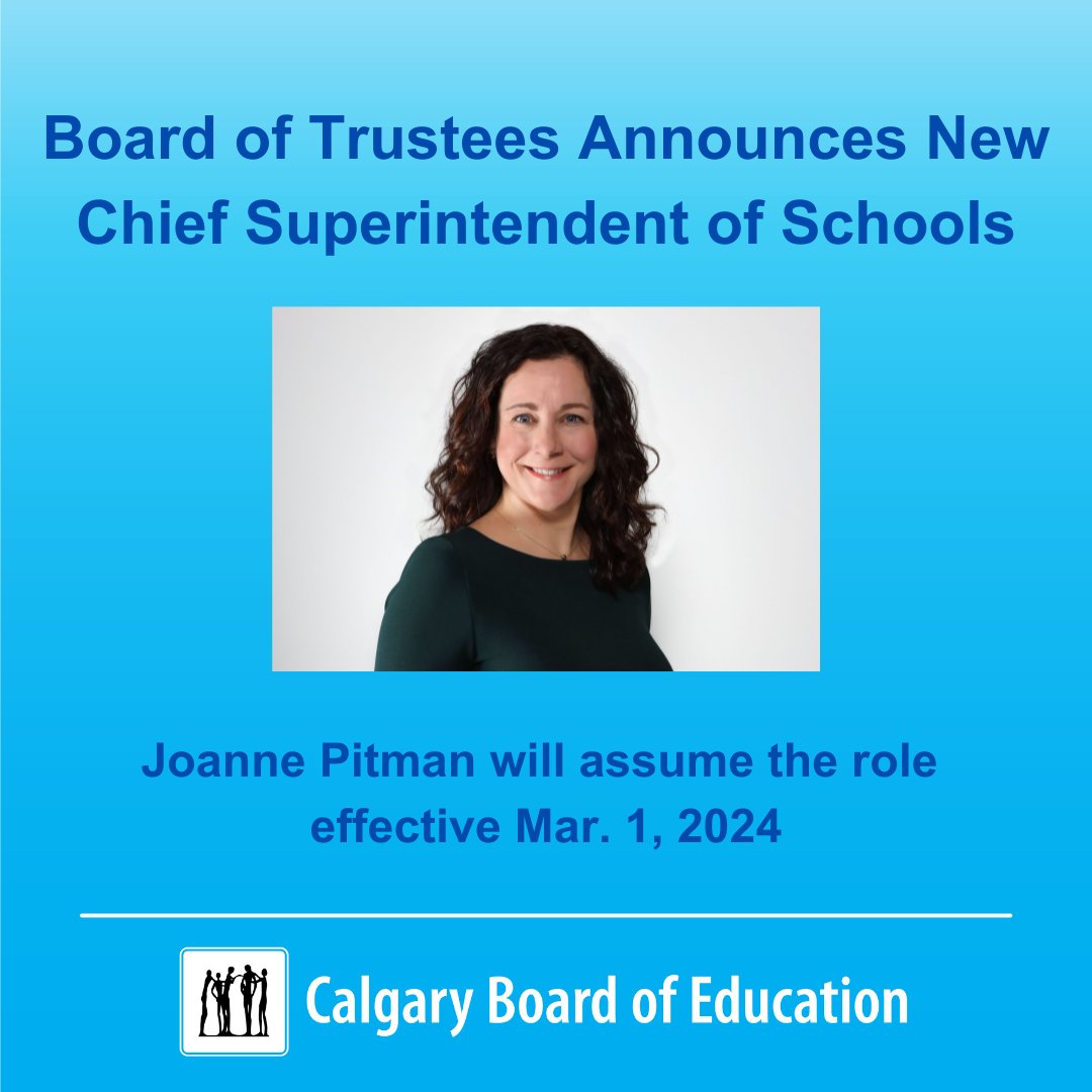 The Board of Trustees is delighted to announce Joanne Pitman as the new chief superintendent of schools for the Calgary Board of Education effective Mar. 1, 2024. Learn more: ow.ly/1hOI50Qys2I #WeAreCBE #yycbe #yyc