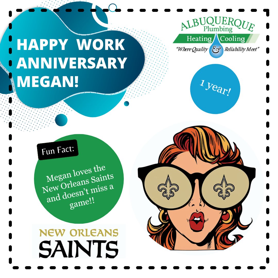 Happy Work-iversary!!! 🤩🎉We love having you on our team! 🥰🏈#GeauxSaints #WhoDat #abqplumbing #abqhvac