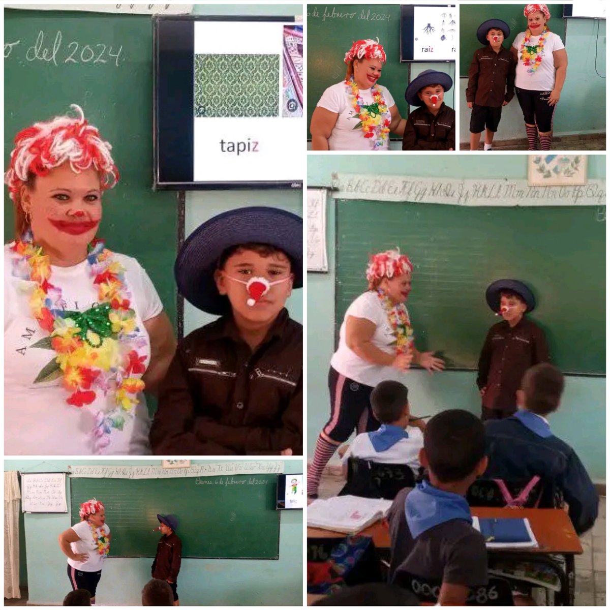 La docente Arianni López Alarcón del destacamento 3ro C se disfraza de la payasita Lila junto al educando Jonathan Fonseca Rojas para incentivar a los niños y motivarlos en la Clase de Lengua Española 
#CalidadEnElAprendizaje