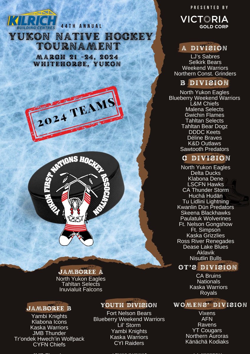 🥅🏒 Here they are..... Victoria Gold Corp presents the 5️⃣7️⃣ Teams that will battle it out for the hardware and bragging rights at the 44th Annual Kilrich Yukon Native Hockey Tournament! 🏆🥇🥈🥉 Yes, that's right.... 57 teams!! The B I G G E S T  tournament we've ever hosted ✊