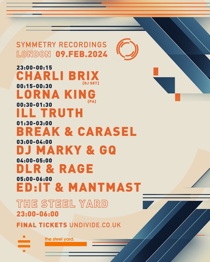 This Friday's Symmetry Recordings London Set Times 🔥 Down to our final tickets as this giant line-up takes over The Steel Yard's giant Sound System! After the unreal energy of last year's party, absolutely hyped to make the return to London. Final tickets → link in bio