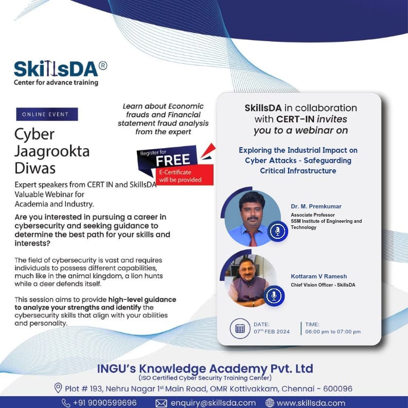 skillsda's tweet photo. SkillsDA Cybersecurity in collaboration with CERT-In invites you all to the webinar on the topic Exploring the Industrial Impact on Cyber Attacks - A Webinar on Safeguarding on Wed, 07 Feb 2024, 6-7 PM
Register https://t.co/dfL2ecxlLZ
#webinar #datasecurity #cyberattacks https://t.co/JCTDgo747n
