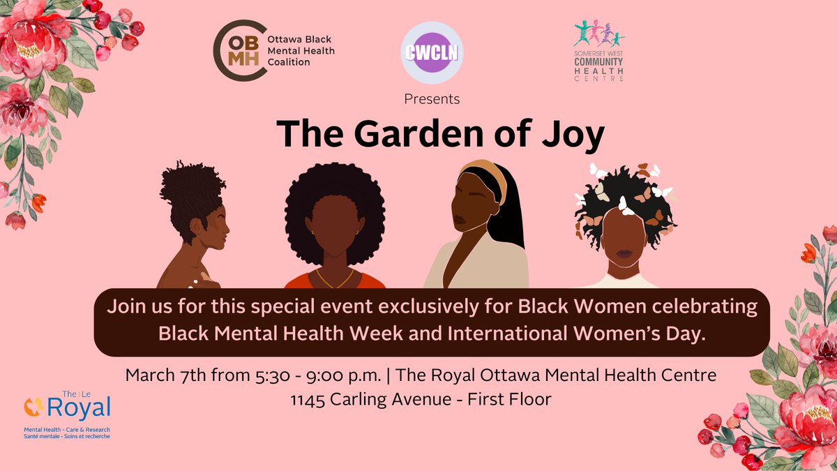 🌸 Join us for The Garden of Joy, a FREE event exclusively for Black Women celebrating #BlackMentalHealthWeek &amp; #InternationalWomensDay. 🌸

📍 1145 Carling Avenue Ottawa
🗓️ March 7
⏰ 5:30-9:00 p.m.

👉🏿 Register today: bit.ly/3HLK2EW

#BMHW2024 | #InspireInclusion