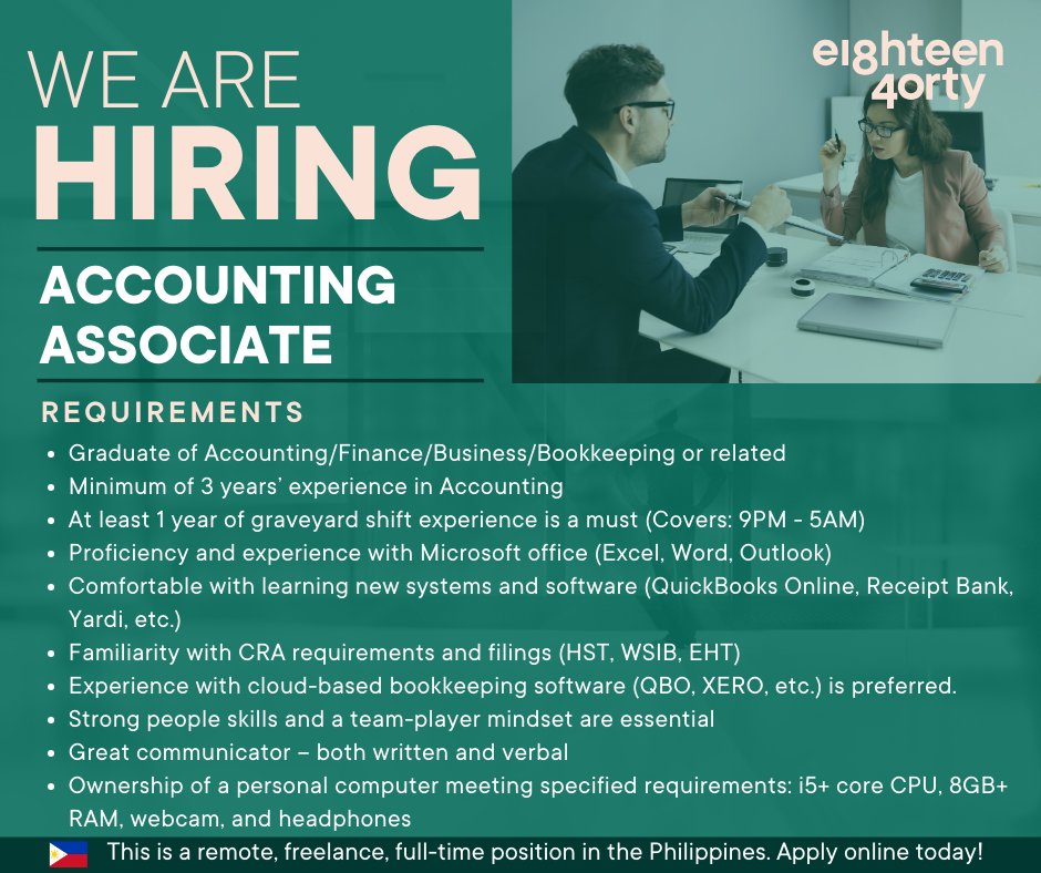 1840andCompany's tweet image. We are looking for Accounting Associates based in the Philippines with a minimum of 3 years experience in accounting, payroll, and financial statements.

Learn more and apply here 👉 bit.ly/3tRB9Gw   

#AccountingAssociate #Remotework #Freelancing #Philippines