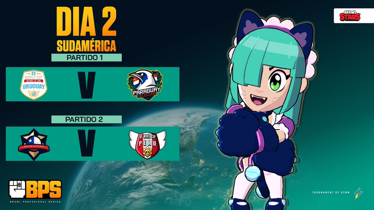 BSN: Brawl Stars Nations League (@brawlpseries) on Twitter photo #BPS • MATCHDAY
¡DIA 2!
HOY - 5PM 🇲🇽🇬🇹 / 8PM🇧🇷🇦🇷
📺 twitch.tv/nearz_z
PARTIDO 1
🇺🇾 @Uruguay_BS
🆚
🇵🇾 <a href="/SeleccionBSPy/">Selección Paraguaya - BS 🇵🇾</a>
PARTIDO 2
🇨🇱 <a href="/SelCL_BS/">Selección Chilena BrawlStars</a>
🆚
🇵🇪 <a href="/SeleccionPeBS/">Selección Peruana BS ⭐⭐</a>
¡EMPIEZA A DEFINIRSE EL SUR!🔥 #BPS • MATCHDAY
¡DIA 2!
HOY - 5PM 🇲🇽🇬🇹 / 8PM🇧🇷🇦🇷
📺 twitch.tv/nearz_z
PARTIDO 1
🇺🇾 @Uruguay_BS
🆚
🇵🇾 <a href="/SeleccionBSPy/">Selección Paraguaya - BS 🇵🇾</a>
PARTIDO 2
🇨🇱 <a href="/SelCL_BS/">Selección Chilena BrawlStars</a>
🆚
🇵🇪 <a href="/SeleccionPeBS/">Selección Peruana BS ⭐⭐</a>
¡EMPIEZA A DEFINIRSE EL SUR!🔥