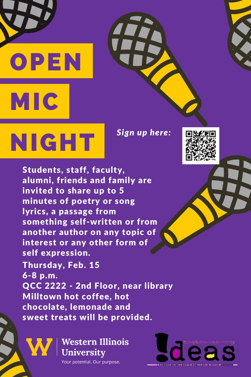 We’re kicking our spring semester off with a brand new event! Join us for our first Mic Night on February 15th at 6 PM! Click the link in our bio to sign up for a guaranteed chance to share. #wiu #wiuqc