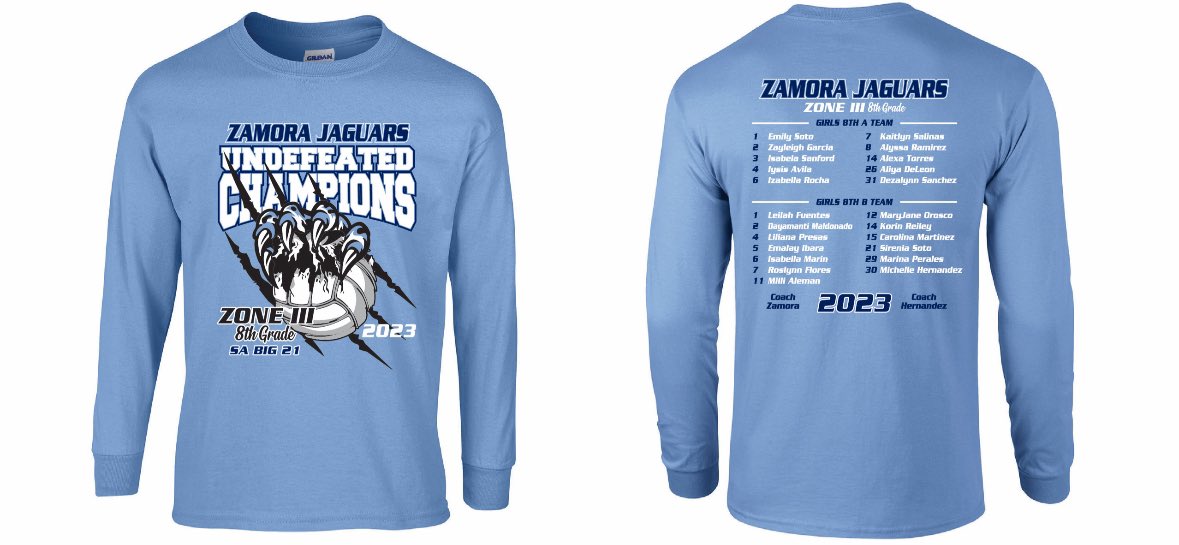 The wait is finally over!!!
The girls and boys 7th and 8th grade zone championship shirts are finally available for pre-order starting Feb 7th. These shirts are available for anybody to purchase. Cost of each shirt is $15. Additional fee for 2XL -$2   3XL-$3  4XL-$4.