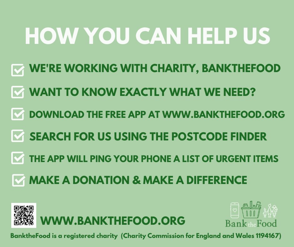 We are signed up to the BanktheFood App and would love to attract more followers. If you already donate to us or follow our #WishlistWednesday, this a great way to find out exactly what we need when you visit a supermarket with our drop off point #BanktheFoodApp #fooddonation