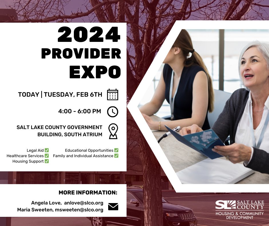 SLCoRegionalDev's tweet photo. The 2024 Provider Expo is today!
📅 4-6 PM
📍 Salt Lake County Government Building 2001 S State St, Salt Lake City, UT 84190 - South Atrium
Explore a variety of programs available for low-to-moderate-income individuals and families!
#ProviderExpo @SLCoGov #Community https://t.co/fgHud6XvoD