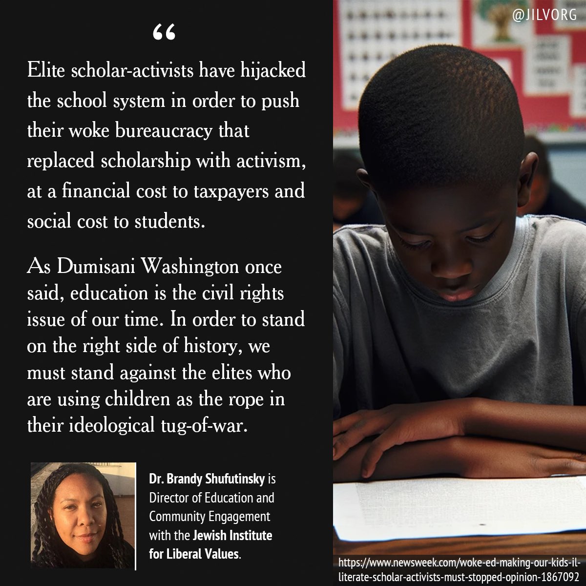 New op-ed in @Newsweek by Dr. Brandy Shufutinsky (@76brandy76), Director of Education and Community Engagement at @jilvorg, discusses the politicization of education, which has led to a decline in student learning that disproportionately affects students of color. Link below⬇️