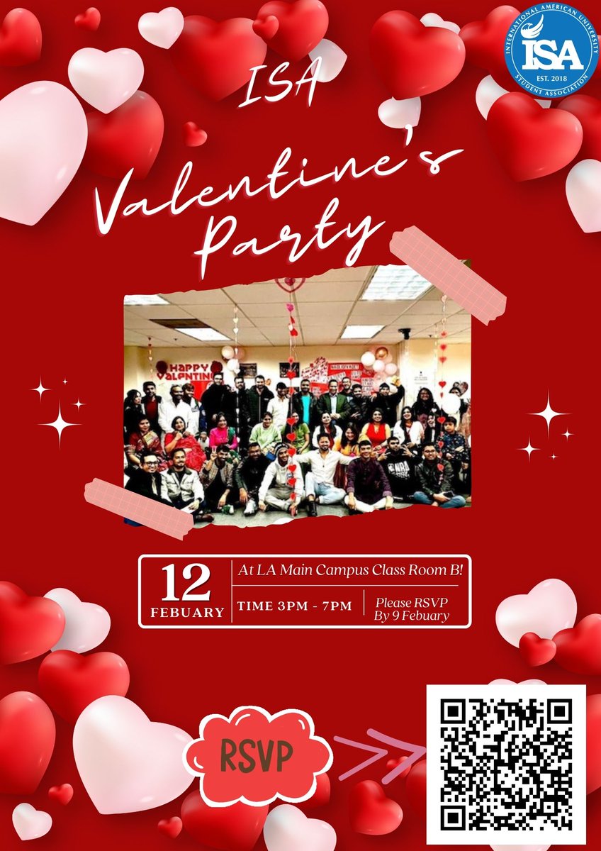 iau_la's tweet photo. ISA and IAU are super excited to announce our Valentine's Day Party! Mark your calendars for a day filled with love, laughter, and loads of fun.
Date: Monday, February 12, 2024
Time: 3:00 PM to 7:00 PM
Location: IAU Main Campus, Class Room B
　
RSVP now!
https://t.co/FhK3Pyc9nk https://t.co/0KXZqYXIkr