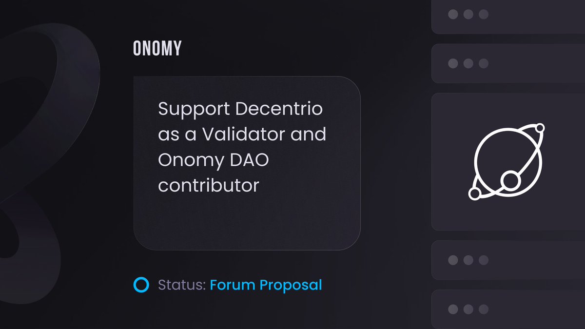 OnomyProtocol's tweet photo. .@decentriolabs is looking to join the Onomy DAO! 🗳️

Pending voting, they will:
👉🏼 Run a validator
👉🏼 Write technical docs
👉🏼 Run IBC relayers
👉🏼 Develop indexing solutions
👉🏼 Help build &amp; maintain Arc Bridge

Excited? Us too! Read the proposal here ⬇️
https://t.co/fGzlf8DMKT https://t.co/XoFEKiJDCu