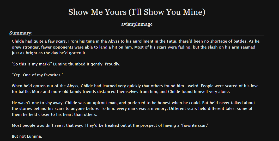 avianplumage's tweet photo. My fic for the @ChilumiMinibang is finally done! It's a scar-sharing fic between Childe and Lumine while he recovers from the battle in 4.2, and other fluffy shenanigans. Also, @pinkgore_ did an astounding job with the art for this fic (linked in replies)
https://t.co/ZjSecxbyRS https://t.co/7Rn6rEwKHW
