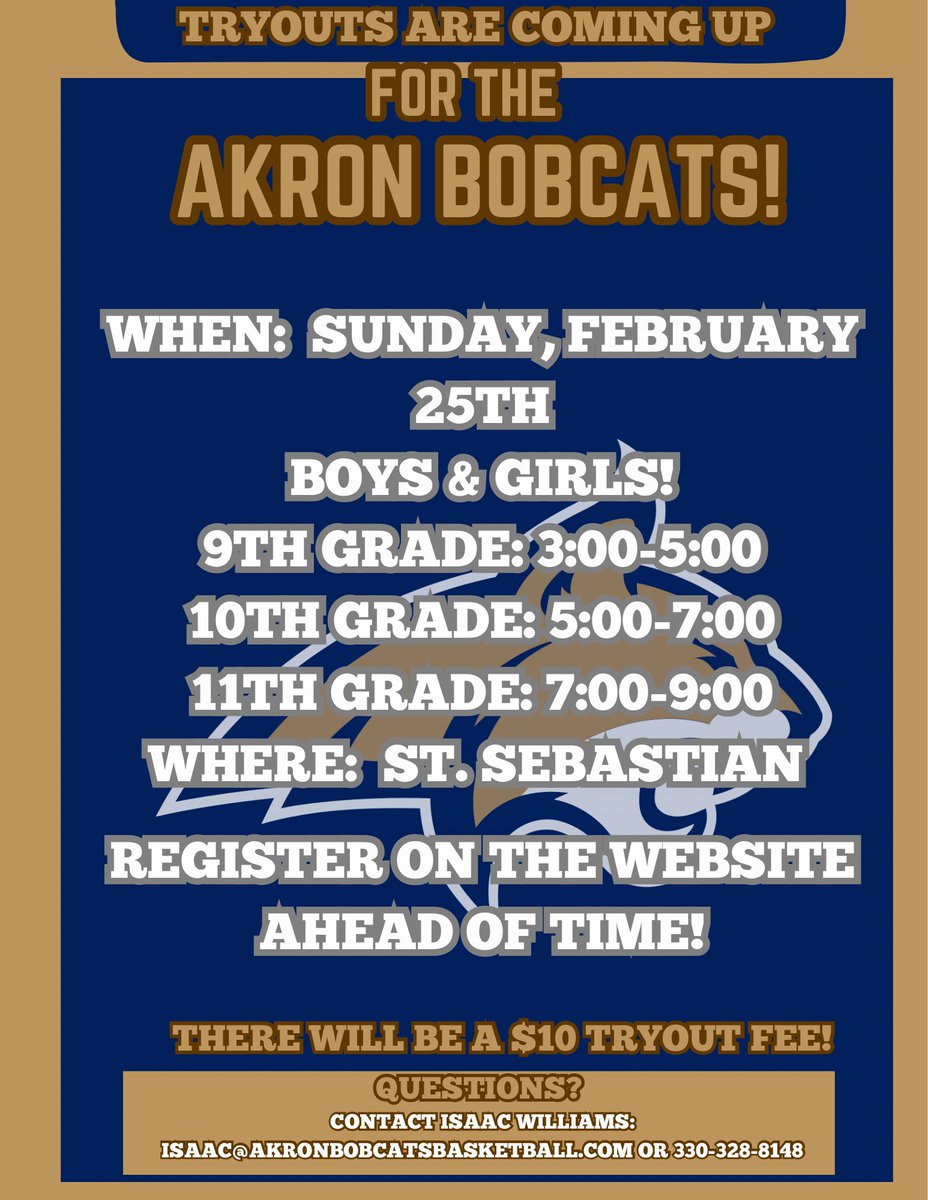 Our first tryouts are this Sunday! Grades 4, 5, 6 get registered on the website and come out this Sunday! You don’t want to pass up the opportunity to be an Akron Bobcat! 
akronbobcatsbasketball.com/registration/
#DoYourJob #RefuseToLose