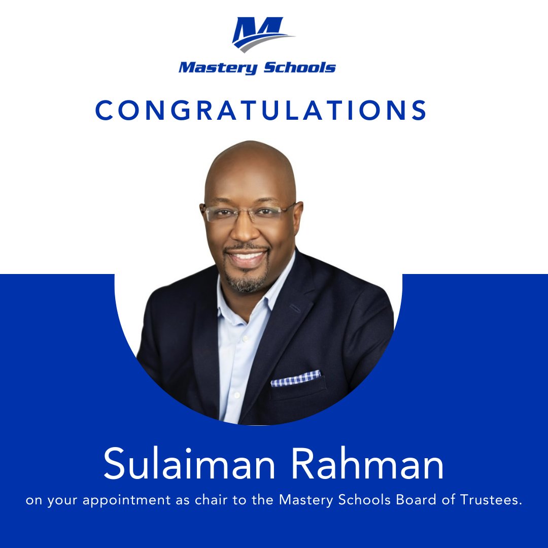 Mastery Schools (@mastery_schools) on Twitter photo We are thrilled to announce the appointment of <a href="/DiverseForce/">DiverseForce</a> founder & CEO <a href="/sulrah/">Sulaiman Rahman</a> as the new chair of the Mastery Schools Board of Trustees. Join us in congratulating him on the new appointment, which we are confident will help us advance our mission. #WeAreMastery We are thrilled to announce the appointment of <a href="/DiverseForce/">DiverseForce</a> founder & CEO <a href="/sulrah/">Sulaiman Rahman</a> as the new chair of the Mastery Schools Board of Trustees. Join us in congratulating him on the new appointment, which we are confident will help us advance our mission. #WeAreMastery