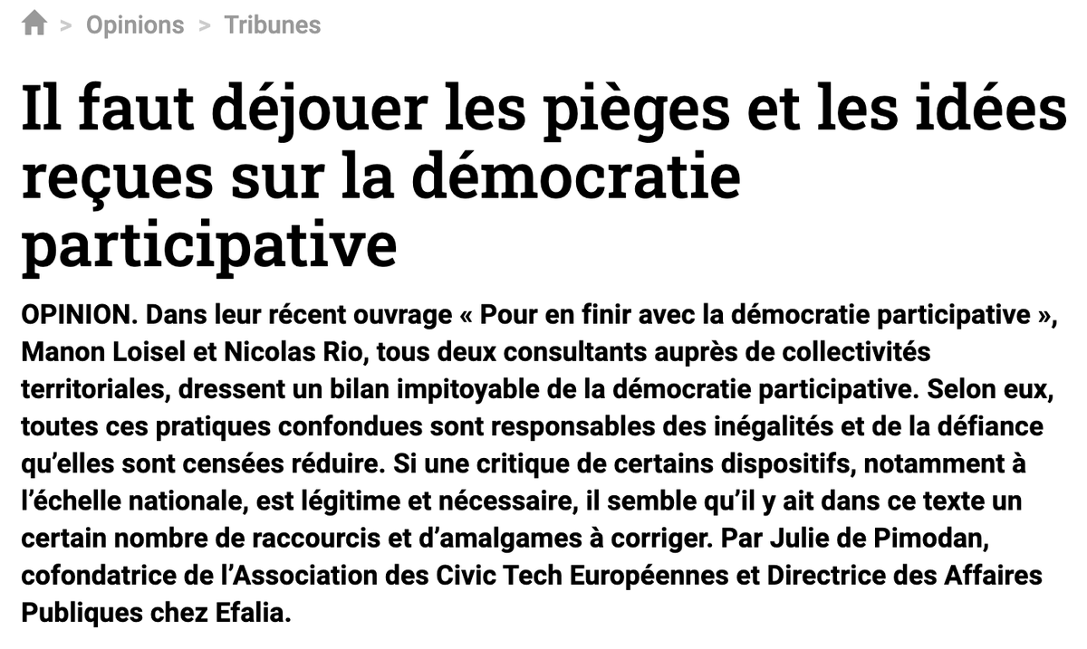 Pierre Bergmiller (@bergmiller) on Twitter photo 🗳️Démocratie participative : idées reçues à débattre <a href="/Judepim/">Julie de Pimodan</a> <a href="/LaTribune/">La Tribune</a>
😔D'abord écouter les citoyens pour donner confiance
🤔Nombre de participants = indicateur de performance
😕Un dispositif doit être représentatif pour être crédible
#ComPublique
↘️ latribune.fr/opinions/tribu… 🗳️Démocratie participative : idées reçues à débattre <a href="/Judepim/">Julie de Pimodan</a> <a href="/LaTribune/">La Tribune</a>
😔D'abord écouter les citoyens pour donner confiance
🤔Nombre de participants = indicateur de performance
😕Un dispositif doit être représentatif pour être crédible
#ComPublique
↘️ latribune.fr/opinions/tribu…