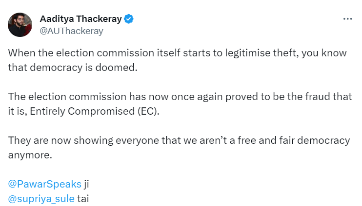 ANI's tweet photo. Shiv Sena (UBT) MLA Aaditya Thackeray tweets, "When the election commission itself starts to legitimise theft, you know that democracy is doomed. The election commission has now once again proved to be the fraud that it is, Entirely Compromised (EC). They are now showing everyone that we aren’t a free and fair democracy anymore."
