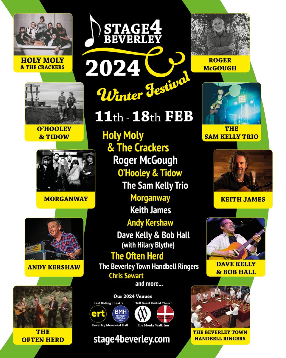 Stage4Beverley is just around the corner, and there's loads to look forward to - from @OHooleyandTidow, @samkellymusic, @TheOftenHerd and Dave Kelly and Bob Hall, to poetry with Roger McGough, a world dance night with Andy Kershaw and so much more. stage4beverley.com/line-up/