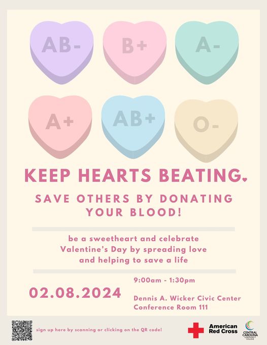 REGISTER TO DONATE BLOOD ON FEB. 8
<a href="/iamcccc/">CCCC</a> will host a Red Cross blood drive from 9 a.m. to 1:30 p.m. Feb. 8 at the Dennis A. Wicker Civic and Conference Center in Sanford. Register at ow.ly/MXQ650QuPff.