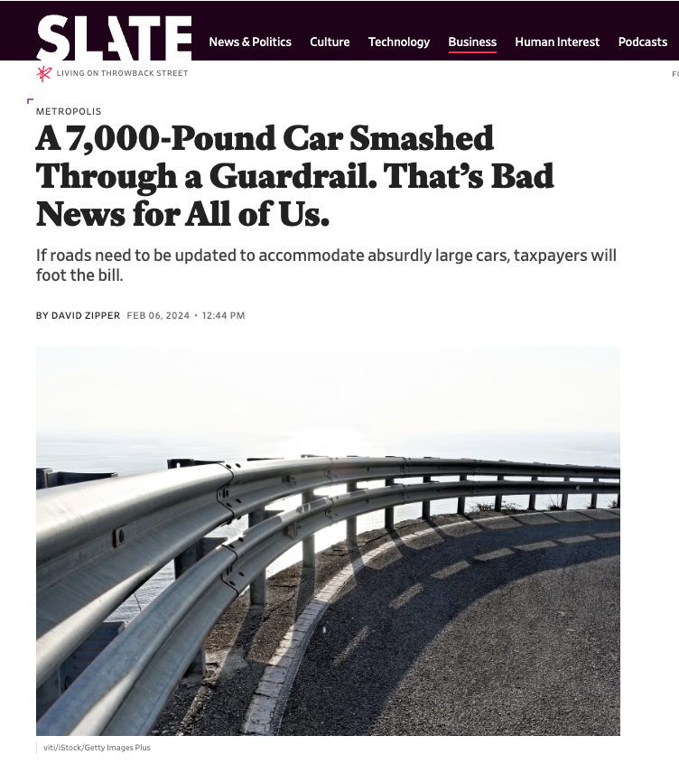 In @Slate, I wrote about yet another problem due to car bloat: Researchers found that SUVs and pickups have grown so huge that they can destroy highway guardrails. Taxpayers are on the hook for fixes that could cost billions. slate.com/business/2024/…