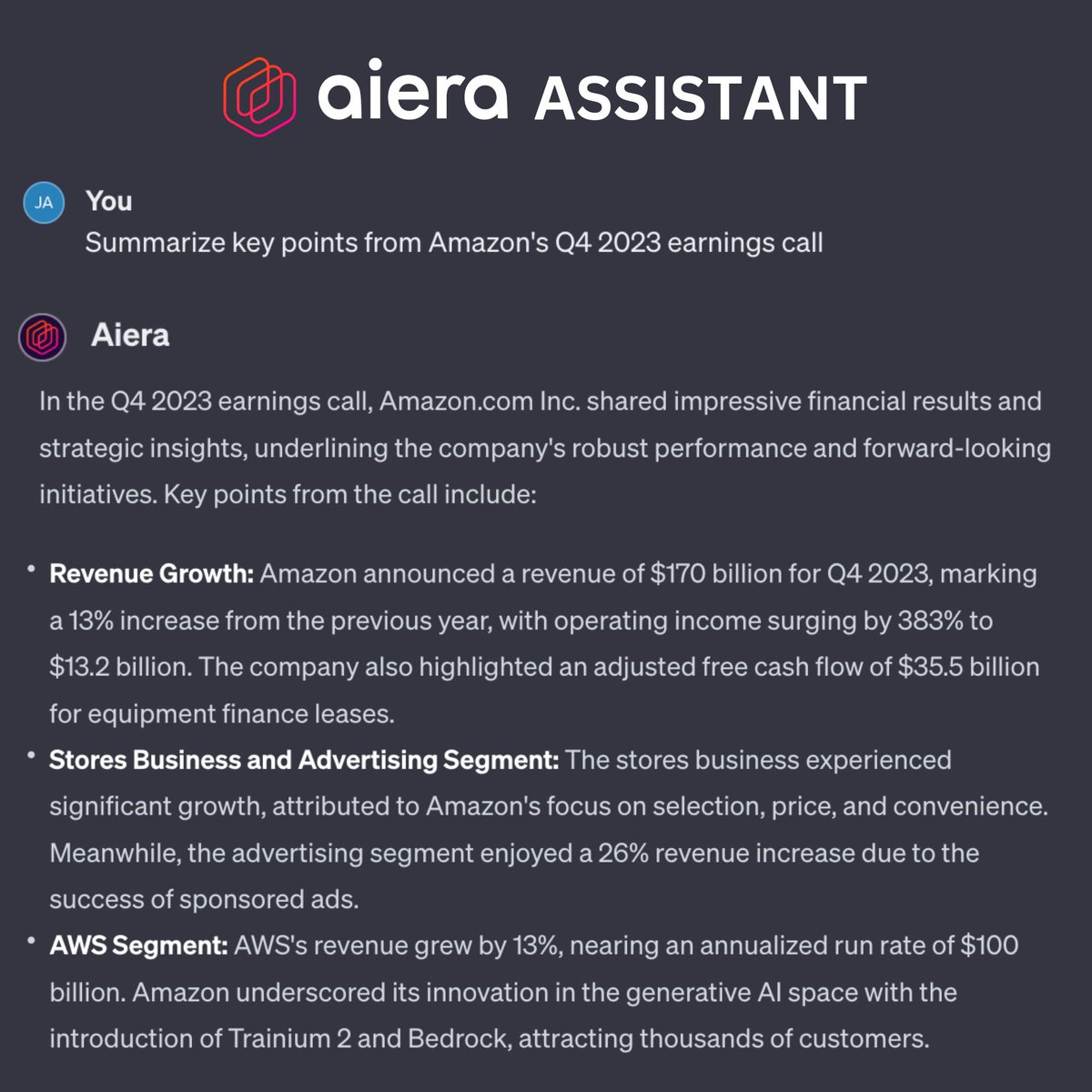 Aiera's tweet photo. Aiera is thrilled to announce two high-value offerings for investors that leverage OpenAI.

1. Build-Your-Own Assistant
2. AieraGPT

Read the press release below for more information: https://t.co/OCT1D6MCwh

#LLM #GenerativeAI #OpenAI #ChatGPT #Earnings #EquityResearch https://t.co/ZXToAXoam3