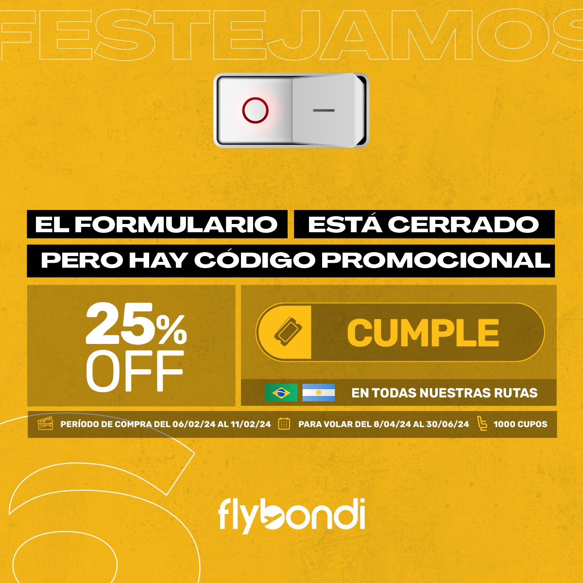 flybondioficial's tweet photo. Bondi, los cupos de hoy ya se agotaron... pero los regalos de cumple no 🥳. 

Hacé click acá 👉 https://t.co/sdPeSyyO2M y volá con hasta un 25% OFF con el código promocional CUMPLE a destinos nacionales e internacionales💛   

#NuestroCumple #Flybondi https://t.co/iNWWZea2WT