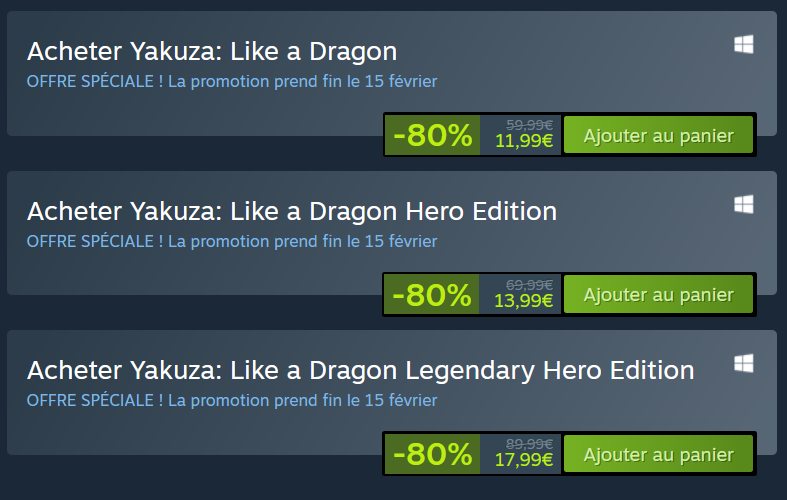 rgg_studiofr's tweet photo. La série Yakuza est de retour en soldes sur Steam pour l'année du Dragon ! 🐉

Basiquement tous les jeux sont en soldes (sauf le plus récent, Like A Dragon Infinite Wealth) alors profitez-en pour compléter votre collection (et incitez vos amis, bien sûr). https://t.co/NBbi4uQi8l