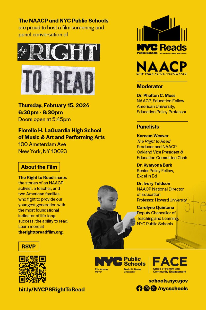 We're thrilled that @NYSNAACP and @NYCSchools are hosting a film screening and panel conversation of The Right to Read on the evening of Feb 15th in New York City. We hope to see you there! bit.ly/NYCPSRightToRe… @KJWinEducation @kymyona_burk @PheltonMoss @toldson @QCarolyneQ1