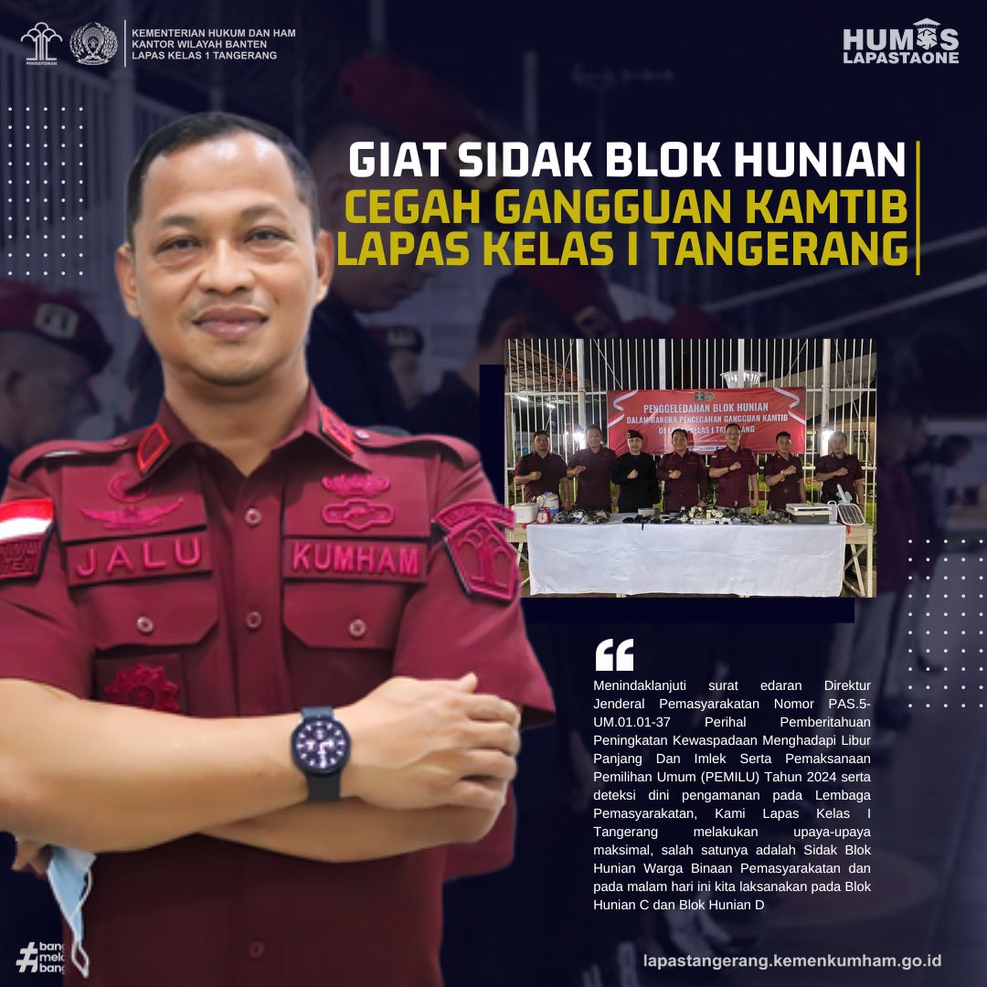 Lapastaone01's tweet photo. Menindaklanjuti surat edaran Dirjenpas Nomor PAS.5-UM.01.01-37 Perihal Peningkatan Kewaspadaan Menghadapi Libur Panjang Dan Imlek Serta Pemaksanaan Pemilihan Umum (PEMILU) Tahun 2024 serta deteksi dini pengamanan pada Lapas, Lapas Kelas I Tangerang melaksanakan Sidak Blok Hunian https://t.co/cr5KbkVF1B