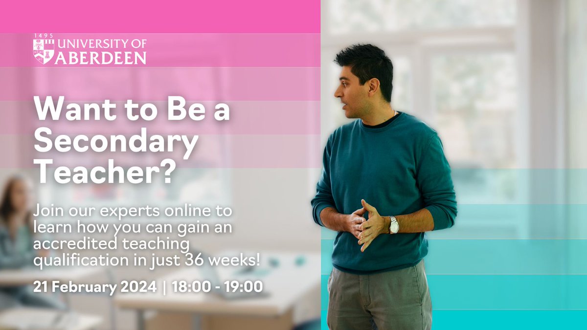 Wednesday 21 February | 18:00 – 19:00 GMT | Online Join our expert, Fraser Hepburn, as he delivers a virtual seminar on the benefits of studying a PGDE in Secondary Education at the University of Aberdeen followed by a Q&A session. [REGISTER TODAY] abdn.io/mR