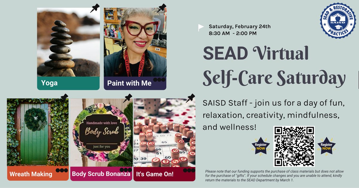 SAISD_SEAD (@saisd_sead) on Twitter photo SAISD Staff - seats are filling up quickly for Self-Care Saturday on Feb 24th. Register today and join us for a day of filling your cup with fun and relaxation! bit.ly/Self_Care_2024
<a href="/SAISD_Counselor/">SAISD, School Counseling</a> <a href="/SAISD_CI/">SAISD Curriculum, Instruction, & Assessment</a> <a href="/SAISD_SASS/">Student and Academic Support Services (SAISD)</a> <a href="/SAISDBilingual/">Dual Language , ESL & Migrant, SAISD</a> @PattiSalzmann SAISD Staff - seats are filling up quickly for Self-Care Saturday on Feb 24th. Register today and join us for a day of filling your cup with fun and relaxation! bit.ly/Self_Care_2024
<a href="/SAISD_Counselor/">SAISD, School Counseling</a> <a href="/SAISD_CI/">SAISD Curriculum, Instruction, & Assessment</a> <a href="/SAISD_SASS/">Student and Academic Support Services (SAISD)</a> <a href="/SAISDBilingual/">Dual Language , ESL & Migrant, SAISD</a> @PattiSalzmann