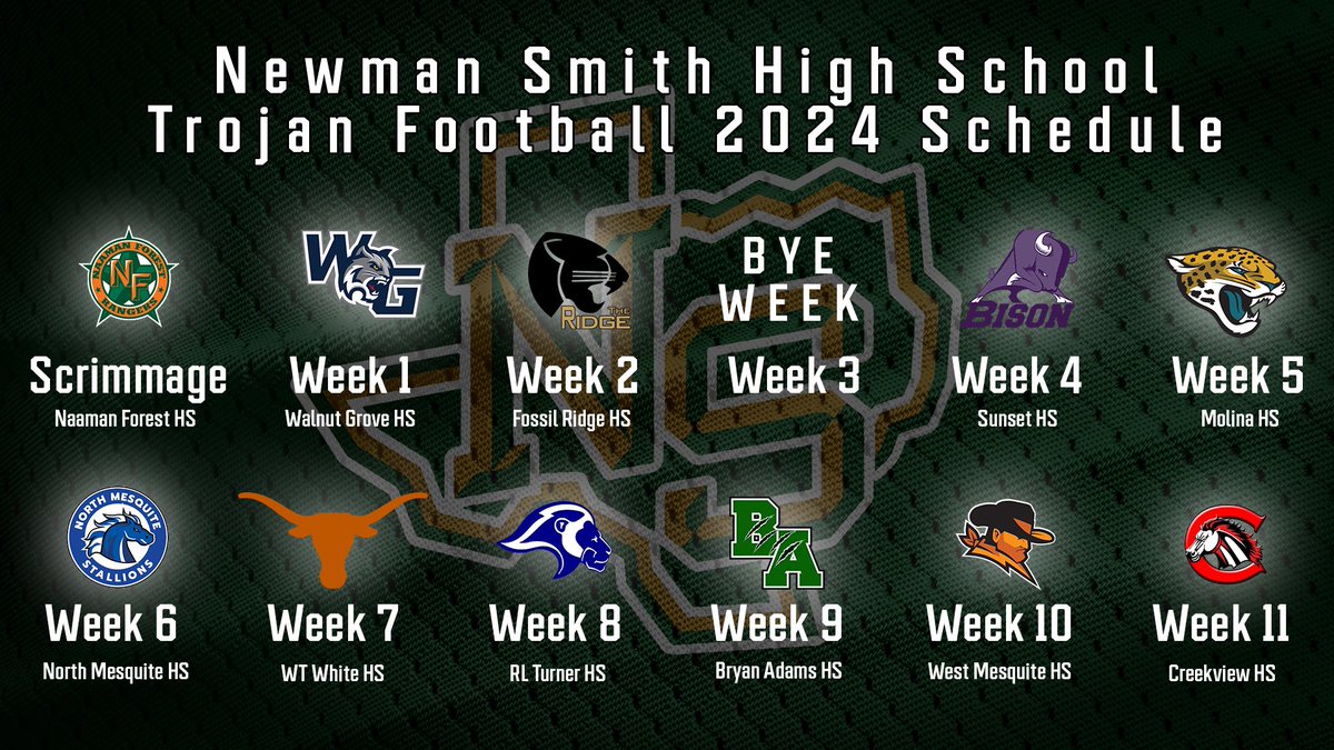 ThaBallCoach's tweet image. 🚨 Your Newman Smith Trojan Football schedule for 2024!
Dates, times, and location coming soon! #TAAT #TrojanNation🟢🟡