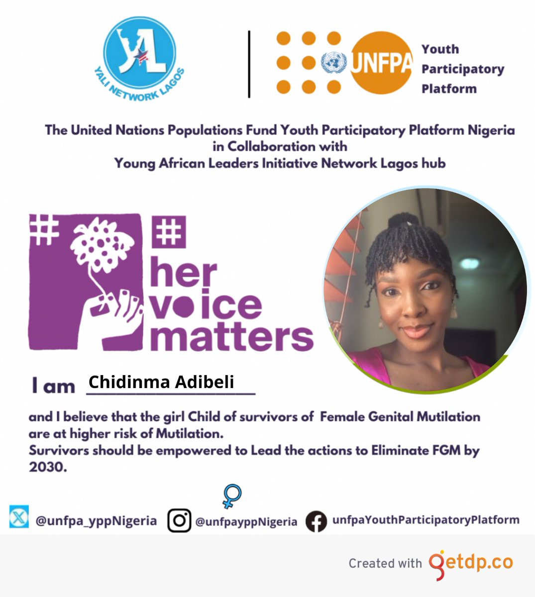 Join in lending your voice against FGM & harmful practices that continues to widen the chokehold of inequalities and breeding discrimination.

#hervoicematters 
#EndFGM
#endfgm2030
#endviolenceagainstwomenandgirls
#unfpayppNG

 @unfpayppnigeria @UNFPANigeria @yalinetworklag