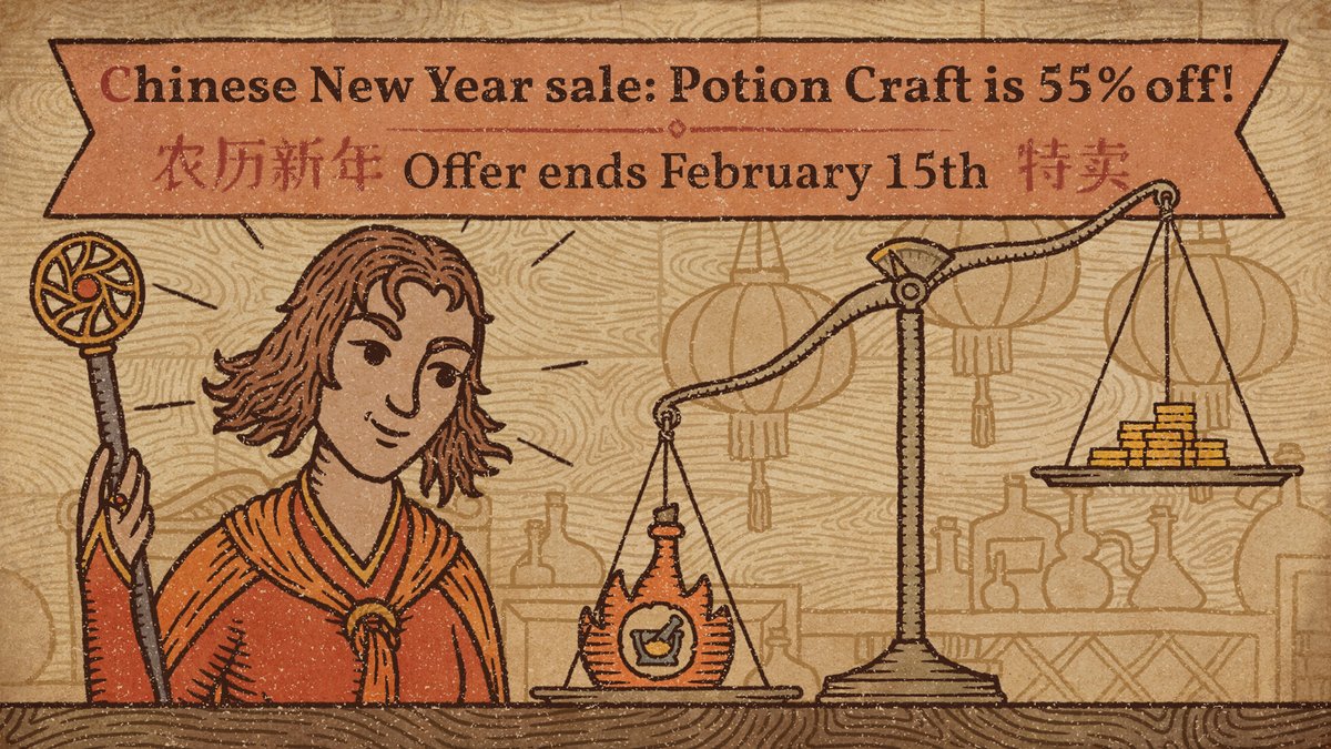 Celebrate the Chinese New Year on #Steam with 55% off #PotionCraft! Craft and perfect each potion you brew, manage your ingredients wisely, and haggle for the prices your hard-earned recipes deserve! store.steampowered.com/app/1210320/po… (Offer ends February 15th)