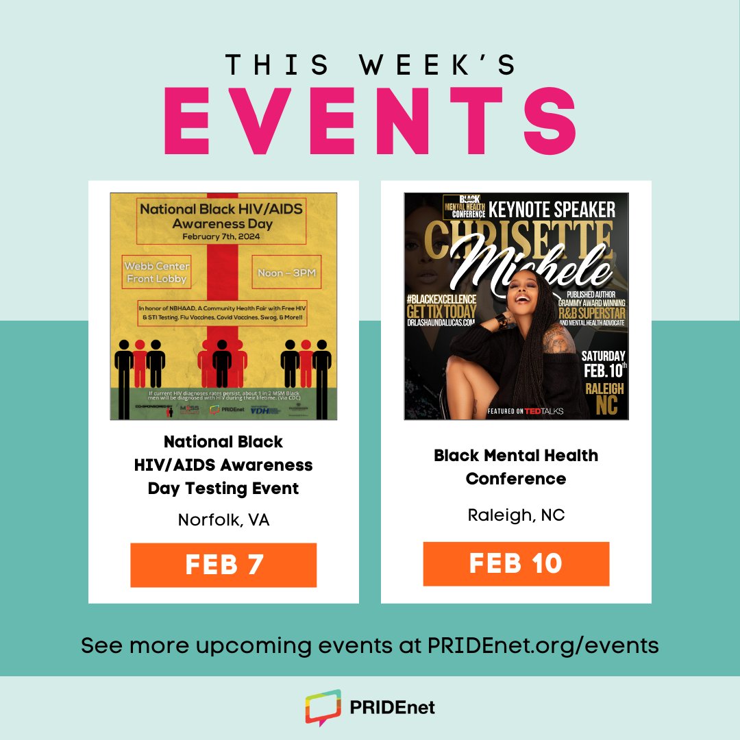 ThePRIDEStudy's tweet photo. Interested in learning more about LGBTQIA+ representation in Health Research? Find us in Virginia and North Carolina this week! Visit https://t.co/fgHDpEBufx for full information.
#VirginiaEvents #NorthCarolinaEvents #NBHAAD #FreeSTITesting #Conference #BlackMentalHealth https://t.co/26PH3uDqHf