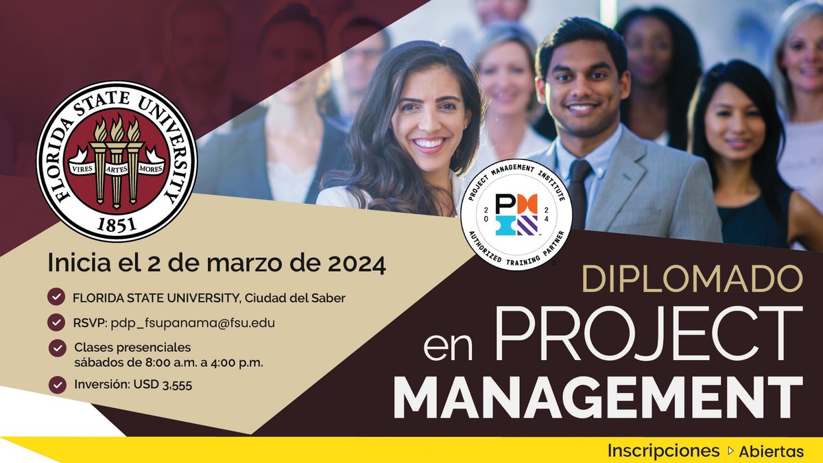 El Diplomado en Project Management de 120 horas inicia el próximo 2 de marzo, clases presenciales. Incluye taller de preparación para examen PMP® y membresía gratis al PMI por un año. Escríbanos a pdp_fsupanama@fsu.edu

Inicia 2 de marzo, 2024
Sábados de 8 a.m. - 4 p.m.