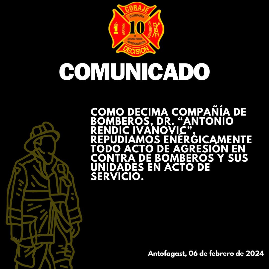 Hoy 06/02/24 nuestros voluntarios más unidad B-10 fueron agredidos  en las intersecciones Abracita con Heroes de la Concepción. 
Queremos enfatizar como Decima compañía, que repudiamos enérgicamente todo acto de agresión en contra de bomberos en acto de servicio.