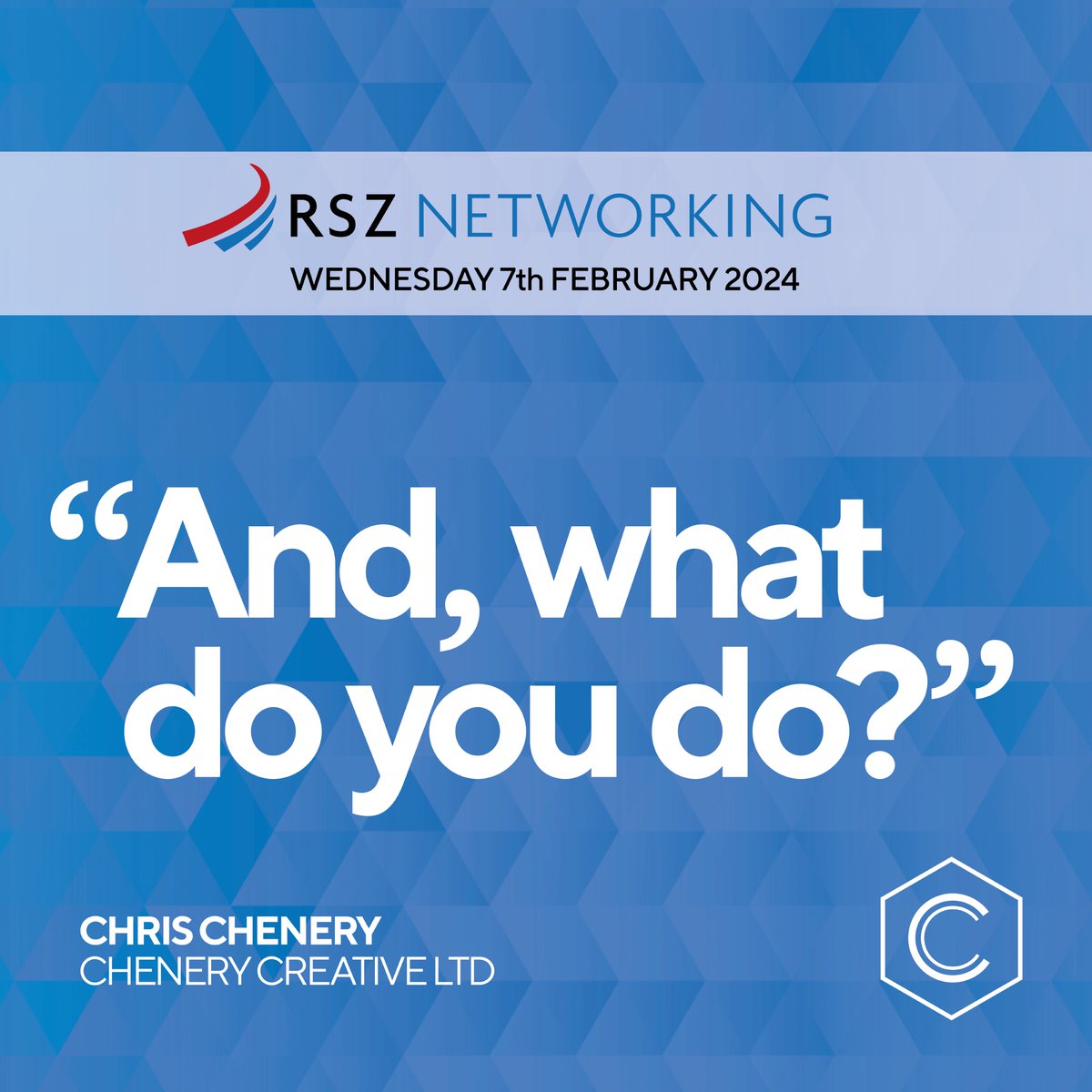 Creative Director, Chris Chenery is speaking at RSZ Networking breakfast tomorrow morning: 'And, what do you do?' - hopefully those that have got tickets will gain at least something to think about from it. 

#rsznetworking #networkingevent #networkinggroup #buildingrelationships