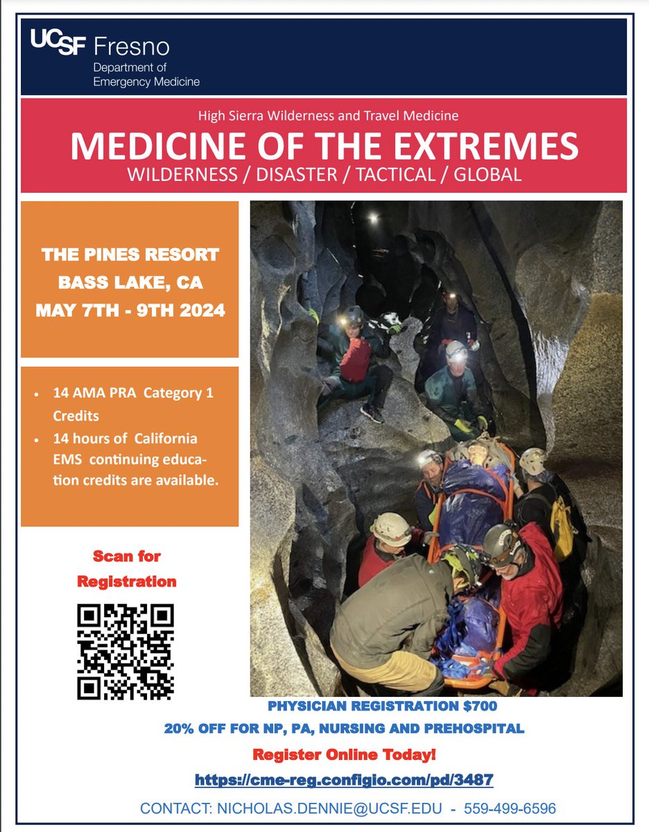 Looking for a great wilderness medicine conference? Check out the below from <a href="/UCSFFresnoEm/">FresnoEM</a>. Come join us this May in the Sierras!