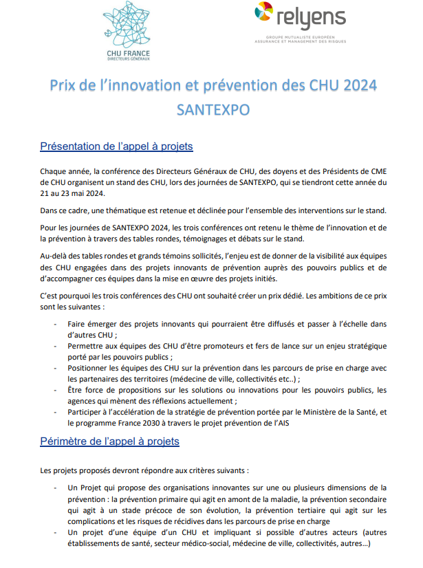 DG_CHRU's tweet photo. La conférence de @DG_CHRU, @ConfDoyensMed et la @ConfPCMECH organisent avec @Relyens, le prix de l’#innovation et prévention des #CHU 2024.

La remise du prix se fera au stand CHU de @parisSANTEXPO le 22 mai 2024.

Pour en savoir plus 👇 https://t.co/qTO7l9LH0v