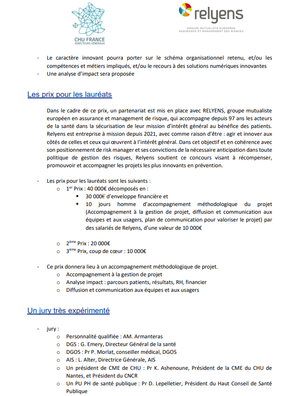 DG_CHRU's tweet photo. La conférence de @DG_CHRU, @ConfDoyensMed et la @ConfPCMECH organisent avec @Relyens, le prix de l’#innovation et prévention des #CHU 2024.

La remise du prix se fera au stand CHU de @parisSANTEXPO le 22 mai 2024.

Pour en savoir plus 👇 https://t.co/qTO7l9LH0v