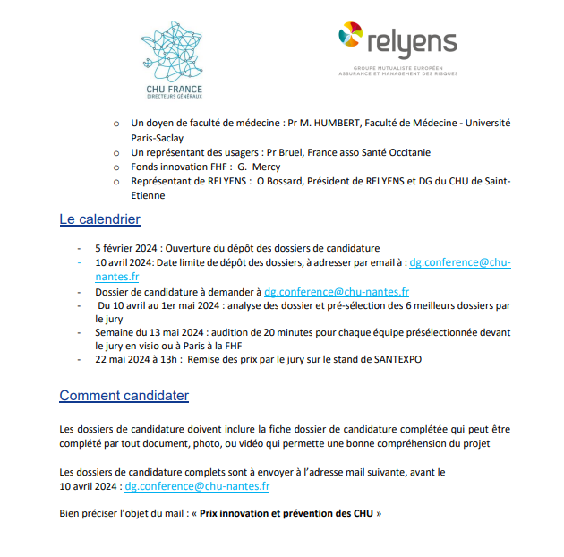 DG_CHRU's tweet photo. La conférence de @DG_CHRU, @ConfDoyensMed et la @ConfPCMECH organisent avec @Relyens, le prix de l’#innovation et prévention des #CHU 2024.

La remise du prix se fera au stand CHU de @parisSANTEXPO le 22 mai 2024.

Pour en savoir plus 👇 https://t.co/qTO7l9LH0v
