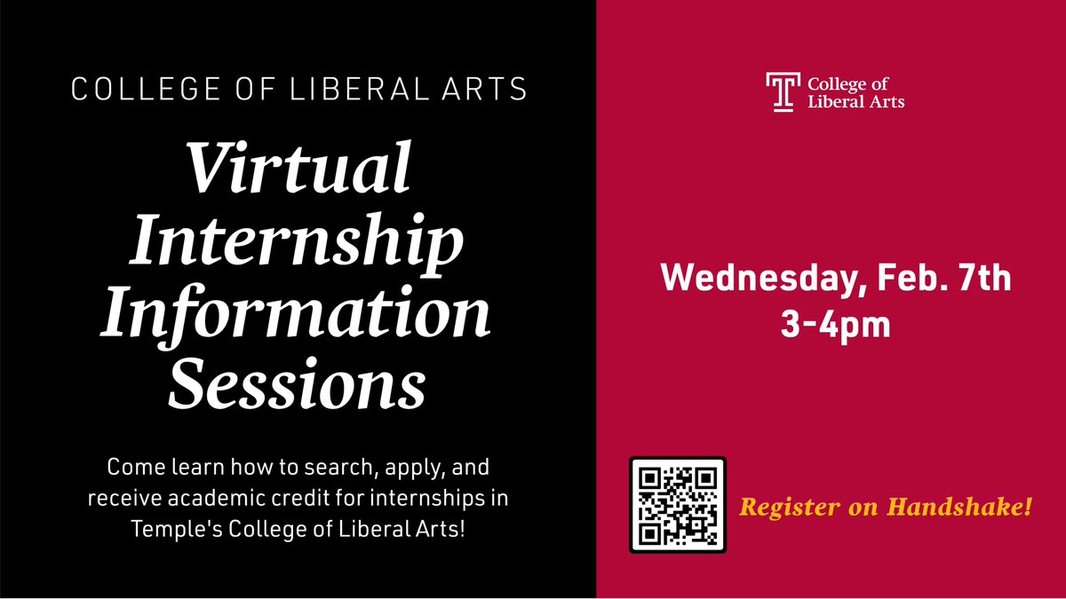 Come learn how to search for, apply for, and receive academic credit for internships at Temple's College of Liberal Arts! Wednesday, Feb 7, 3-4 PM, on Zoom. Register on Handshake!