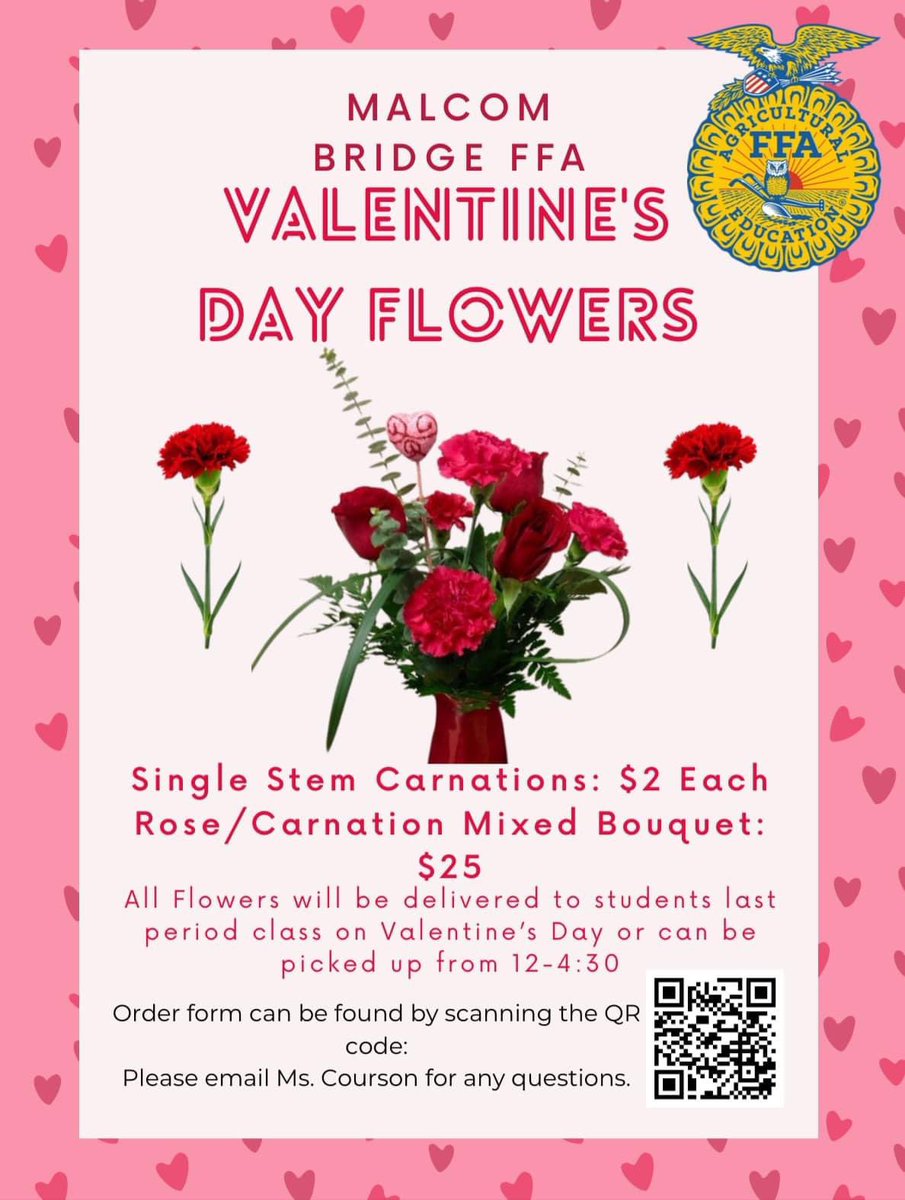 MalcomBridgeMS's tweet photo. 🌹Support Malcom Bridge Middle FFA by purchasing flowers to be delivered to your Bolt on Valentine’s Day! Tomorrow is the last day to order. https://t.co/NL9Rbsfg2r