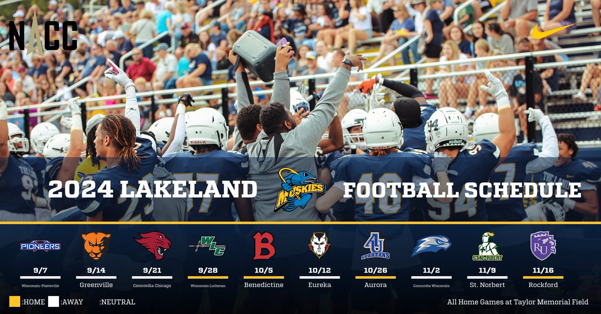 Lakeland Athletics (@lumuskies) on Twitter photo The 2024 <a href="/LUMuskieFB/">Lakeland Football</a> is out! Season begins Sept. 7 against UW-Platteville, home opener Sept. 28 against Wisconsin Lutheran. More at lakelandmuskies.com/news/2024/2/6/β¦ The 2024 <a href="/LUMuskieFB/">Lakeland Football</a> is out! Season begins Sept. 7 against UW-Platteville, home opener Sept. 28 against Wisconsin Lutheran. More at lakelandmuskies.com/news/2024/2/6/β¦