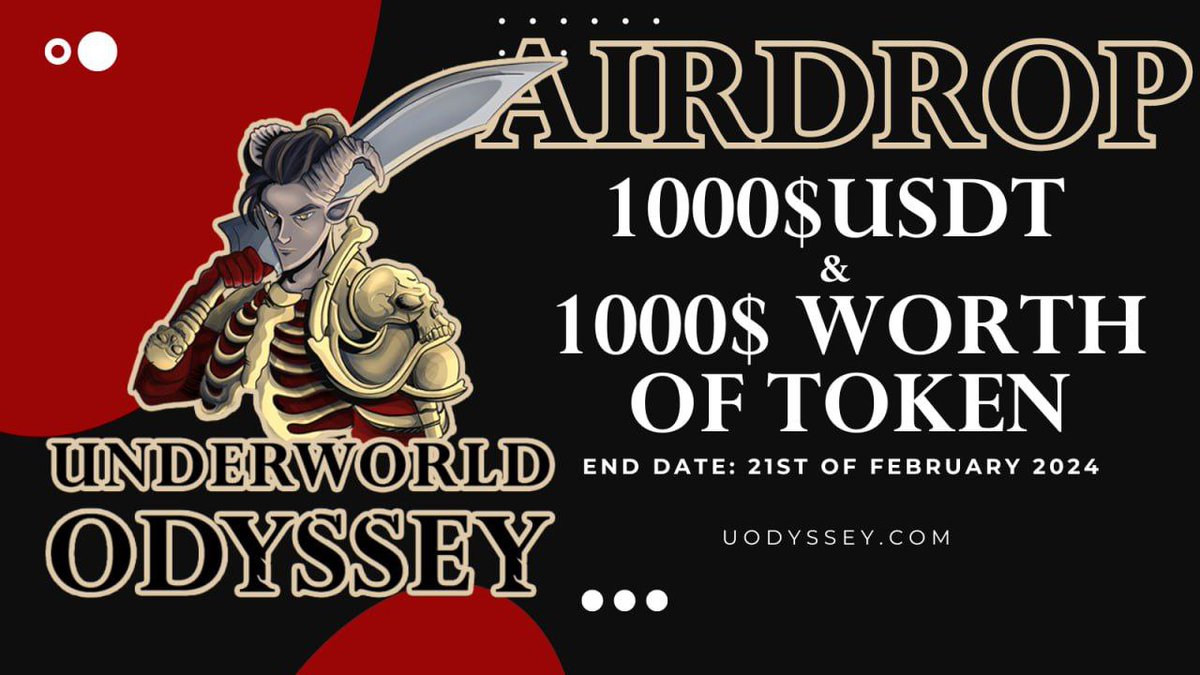 New airdrop: Underworld Odyssey (USDT) Total Reward: $1,000 in USDT & $1,000 in tokens Rate: ⭐️⭐️⭐️⭐️ Winners: 500 Random & Top 50 Distribution: End of February Bot Airdrop Link: t.me/Underworld_Ody… #Airdrop #Airdrops #Airdropinspector #BSC #UnderworldOdyssey #USDT