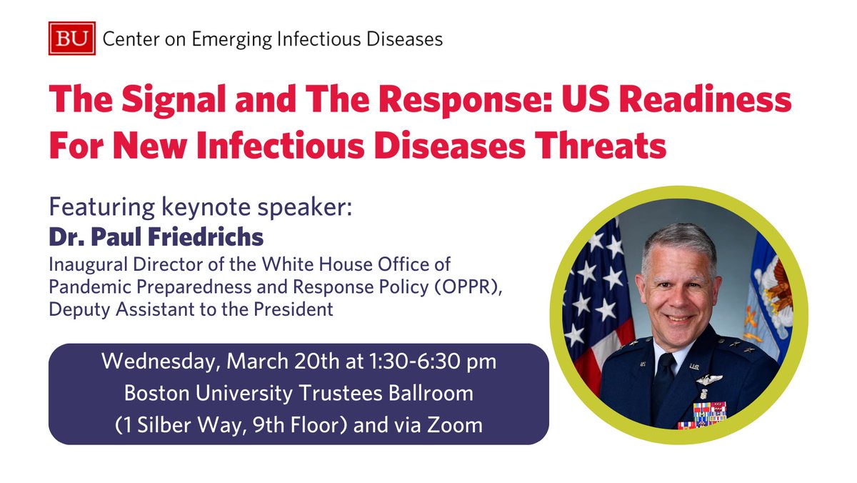 Join us on March 20th for impactful conversations on the roles that government, academia, & the private sector play in early detection of and response to infectious diseases within the US. For registration & full event schedule of speakers, visit: bu.edu/ceid/2024/01/2…