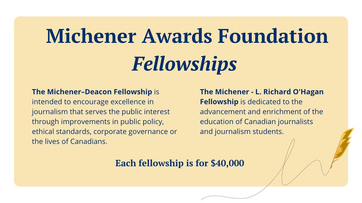 caj's tweet photo. The @Michener_Journo Foundation offers two fellowships for investigative reporting and for the enrichment of journalism education.
They are intended to encourage excellence in journalism that serves the public interest. Please apply by Feb. 16.
https://t.co/IcSRlIxs8Q https://t.co/iYkUiXlfkj