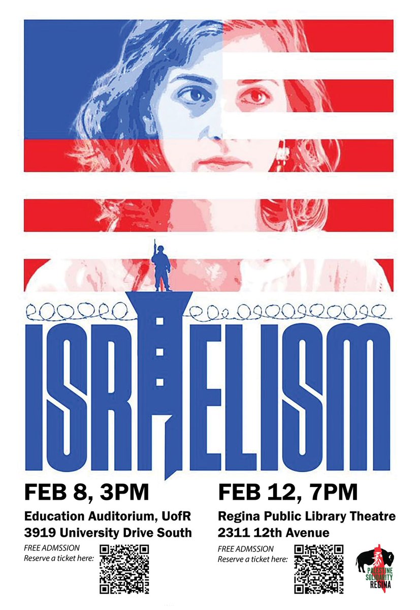 emi_eaton's tweet photo. Two Regina screenings of Israelism. This week at the UofR. Not to be missed. Lets lift up the work of anti-zionist Jewish organizations and Jewish people working in solidarity with Palestine! https://t.co/ojufsRdcUu
